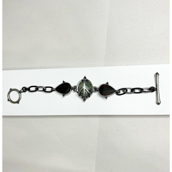 LUCKY BRAND Silver Tone Brass Wood Glass Peace Sign Cabochon 7" Toggle Bracelet - Picture 1 of 5